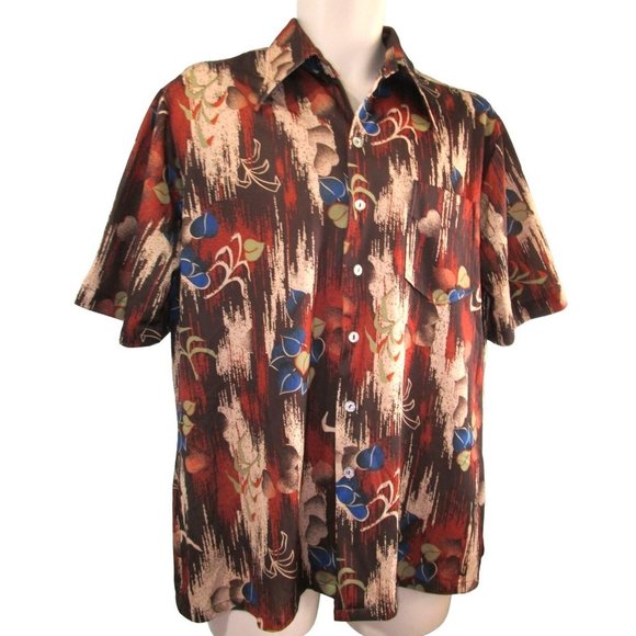 Vintage 70s Joel Cal Made Polyester Disco Shirt Wood Foliage Pattern Mens Lg GUC - Picture 1 of 16